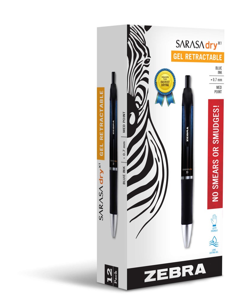Zebra Pen Sarasa Dry X1 Retractable Gel Pen, Medium Point, 0.7mm, Blue Ink, 12-Pack (45620)